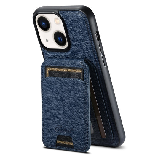 For iPhone 14 Suteni H18 Cross Grain MagSafe Wallet Leather Phone Case(Blue) - iPhone 14 Cases by Suteni | Online Shopping UK | buy2fix