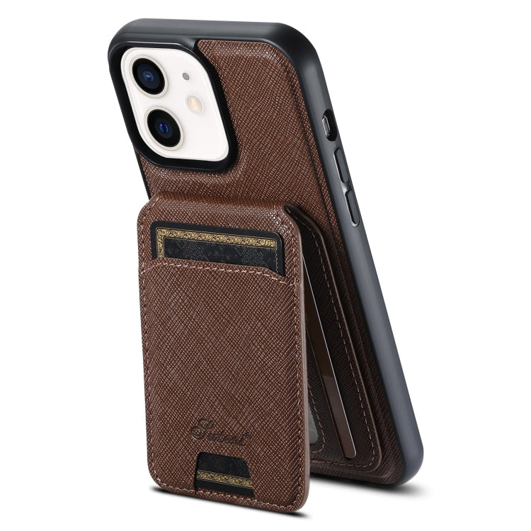 For iPhone 12 Suteni H18 Cross Grain MagSafe Wallet Leather Phone Case(Brown) - iPhone 12 / 12 Pro Cases by Suteni | Online Shopping UK | buy2fix