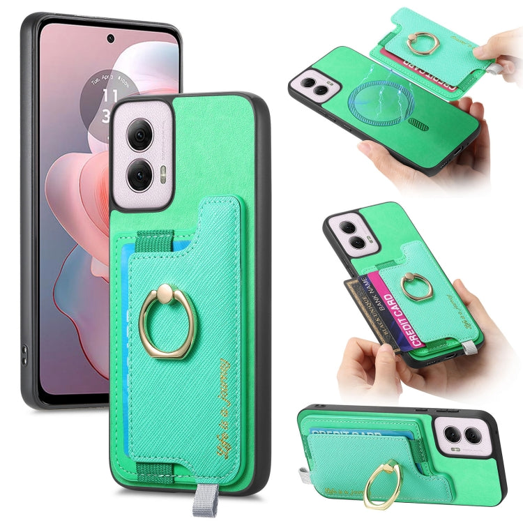 For Motorola Moto G Power 2024 5G Retro Magsafe Cross Leather Ring Holder Card Bag Phone Case(Green) - Motorola Cases by buy2fix | Online Shopping UK | buy2fix