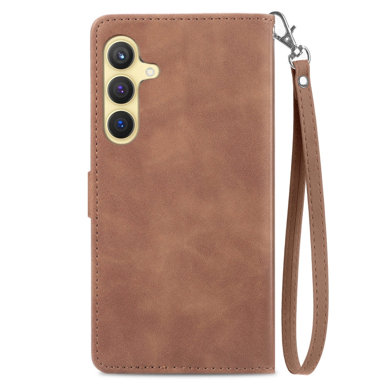 For Samsung Galaxy S25 5G Embossed Flower Zipper Leather Phone Case(Brown) - Galaxy S25 5G Cases by buy2fix | Online Shopping UK | buy2fix