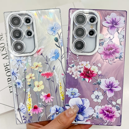 For Samsung Galaxy S25 5G Electroplating Flowers Plants Texture TPU Phone Case(Purple Flowers FL1) - Galaxy S25 5G Cases by buy2fix | Online Shopping UK | buy2fix