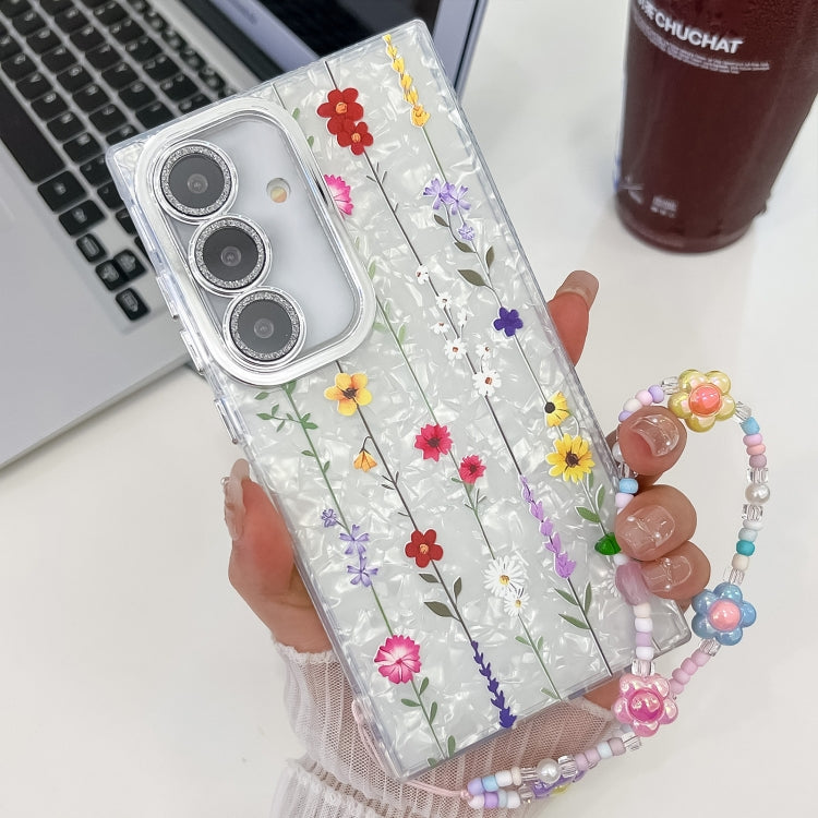 For Samsung Galaxy S25+ 5G Electroplating Flower Texture Wristband TPU Phone Case(Yellow Wildflower SH6) - Galaxy S25+ 5G Cases by buy2fix | Online Shopping UK | buy2fix