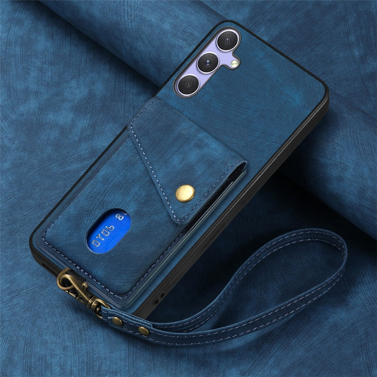 For Samsung Galaxy S25 5G Retro Card Wallet Fold Leather Phone Case with Strap(Blue) - Galaxy S25 5G Cases by buy2fix | Online Shopping UK | buy2fix