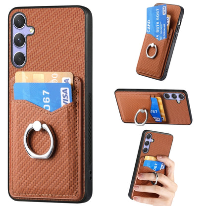 For Samsung Galaxy S25+ 5G Carbon Fiber Card Wallet Ring Phone Case(Brown) - Galaxy S25+ 5G Cases by buy2fix | Online Shopping UK | buy2fix