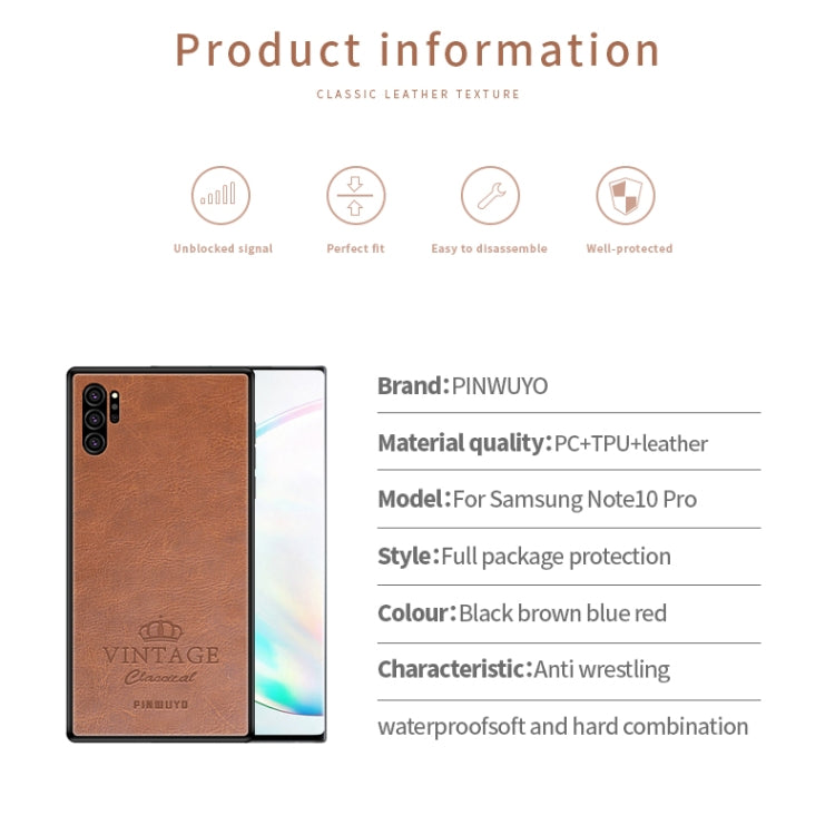 For Galaxy Note10 Pro PINWUYO Pin Rui Series Classical Leather, PC + TPU + PU Leather Waterproof And Anti-fall All-inclusive Protective Shell(Brown) - Galaxy Phone Cases by PINWUYO | Online Shopping UK | buy2fix