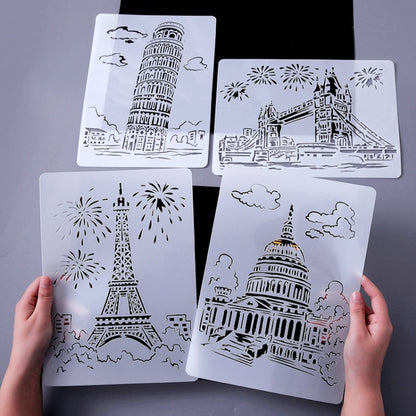 8 Five-storied Pagoda Construction Series Painting Template Theme City A4 Label Template - Art Supplies by buy2fix | Online Shopping UK | buy2fix