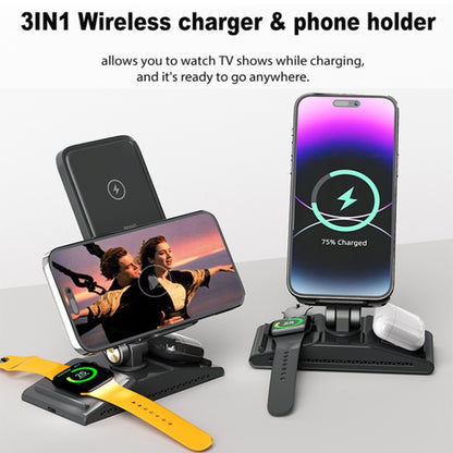 3-In-1 15W Portable Folding Desktop Stand Mobile Phone Wireless Charger(Black) - Wireless Charger by buy2fix | Online Shopping UK | buy2fix