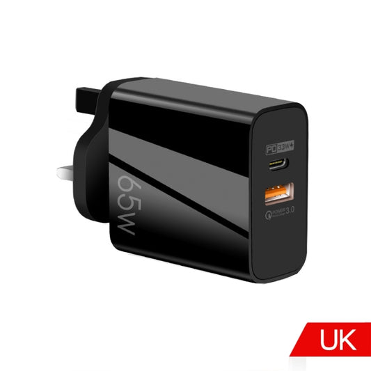 A502 65W USB-C/Type-C+USB Dual Port GaN Charger QC3.0 Laptop Universal Charger UK Plug Black - USB Charger by buy2fix | Online Shopping UK | buy2fix