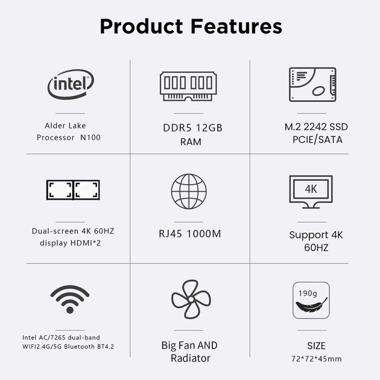 N100/DDR5 12th AlderLake-N100 Dual 4K60Hz Office And Home Mini PC, Spec: 12G+0 /UK Plug - Windows Mini PCs by buy2fix | Online Shopping UK | buy2fix