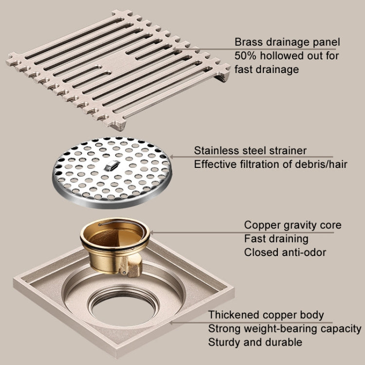 All Copper Brushed Anti-Odor Floor Drain Gravity Copper Core Bathroom Floor Drain, Specification: 9x14cm Long Medium Drain - Drain Strainers by buy2fix | Online Shopping UK | buy2fix