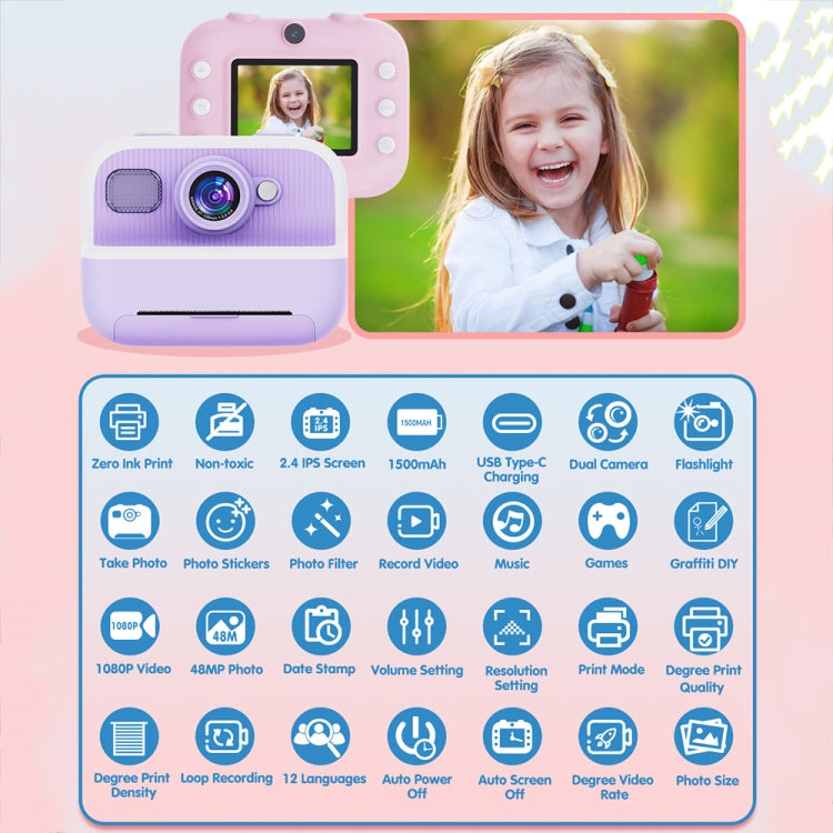 M8 2.4-Inch 1080P HD 2400W Pixel Dual-Camera Children Thermal Printing Camera, Color: Purple+32GB - Children Cameras by buy2fix | Online Shopping UK | buy2fix