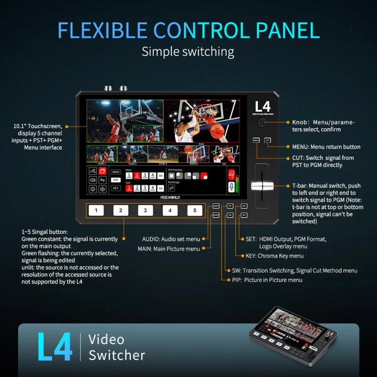 FEELWORLD L4 Multi-Camera Video Mixer Switcher 10.1" Touch Screen USB 3.0 Fast Streaming(AU Plug) - On-camera Monitors by FEELWORLD | Online Shopping UK | buy2fix