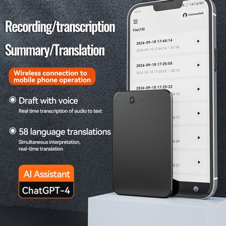 16GB AI Voice Recorder App Control Supports 58 Languages Simultaneous Interpretation / Transcribe & Summarize(Black) - Other Style by buy2fix | Online Shopping UK | buy2fix