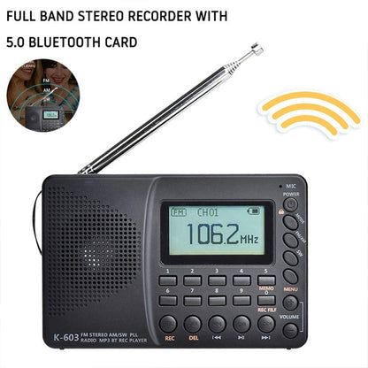 K-603 Portable FM / AM / SW Full Band Stereo Radio, Support BT & TF Card (Black) - Consumer Electronics by buy2fix | Online Shopping UK | buy2fix