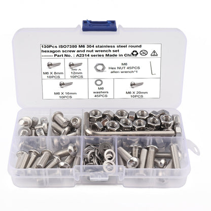 130 PCS 304 Stainless Steel Screws and Nuts M6 Hex Socket Head Cap Screws Gasket Wrench Assortment Set Kit - In Car by buy2fix | Online Shopping UK | buy2fix