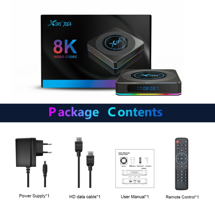 X96 X4 8K Smart TV BOX Android 11.0 Media Player with Remote Control, Amlogic S905X4 Quad Core ARM Cortex A55, RAM: 4GB, ROM: 64GB, Support 100M, Dual Band WiFi, Bluetooth, EU Plug - Amlogic S905 by buy2fix | Online Shopping UK | buy2fix