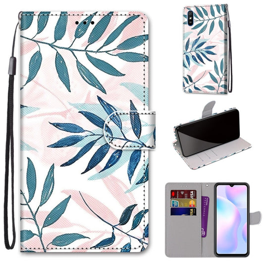 For Xiaomi Redmi 9A Coloured Drawing Cross Texture Horizontal Flip PU Leather Case with Holder & Card Slots & Wallet & Lanyard(Pink Green Leaf) - Xiaomi Cases by buy2fix | Online Shopping UK | buy2fix