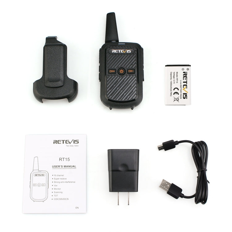 RETEVIS RT15 400-470MHz 16CHS Mini Two Way Radio Walkie Talkie, EU Plug(Black) - Handheld Walkie Talkie by RETEVIS | Online Shopping UK | buy2fix