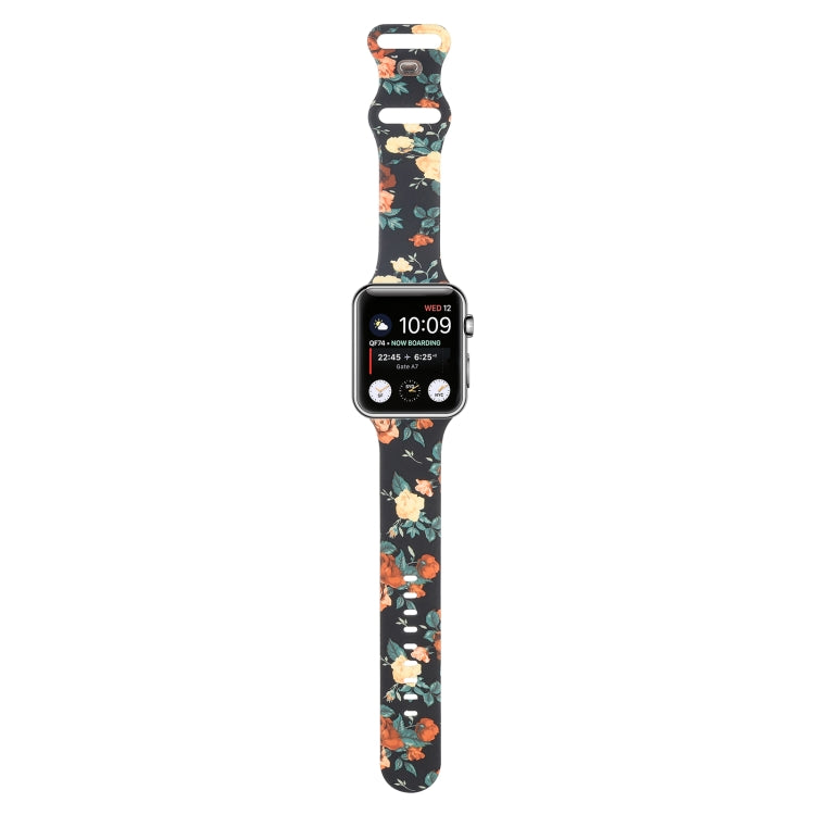 8-buckle Printed Strap Watch Band For Apple Watch Series 8&7 41mm / SE 2&6&SE&5&4 40mm / 3&2&1 38mm(Black Background Rose) - Smart Wear by buy2fix | Online Shopping UK | buy2fix