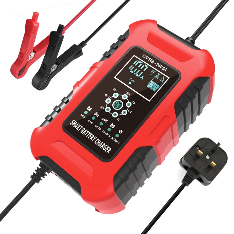 FOXSUR 10A 12V 7-segment Motorcycle / Car Smart Battery Charger, Plug Type:UK Plug(Red) - Battery Charger by FOXSUR | Online Shopping UK | buy2fix