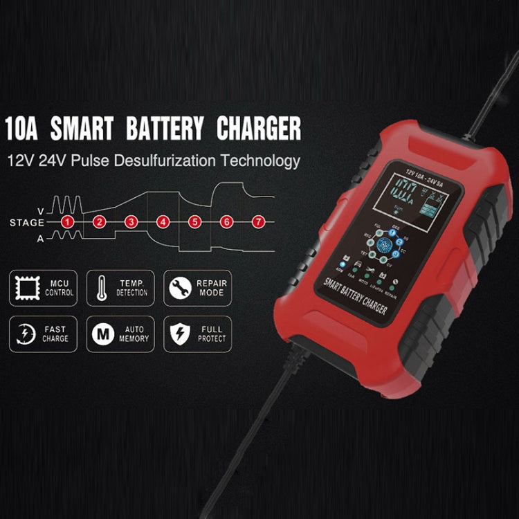 FOXSUR 10A 12V 7-segment Motorcycle / Car Smart Battery Charger, Plug Type:UK Plug(Red) - Battery Charger by FOXSUR | Online Shopping UK | buy2fix