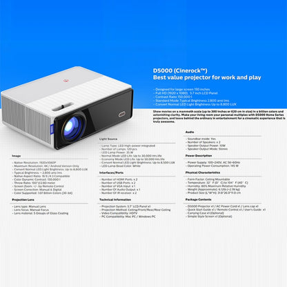 VIVIBRIGHT D5000 1920x1080P 420ANSI 6000Lumens LCD + LED HD Digital Projector, Screen Mirroring - Consumer Electronics by VIVIBRIGHT | Online Shopping UK | buy2fix