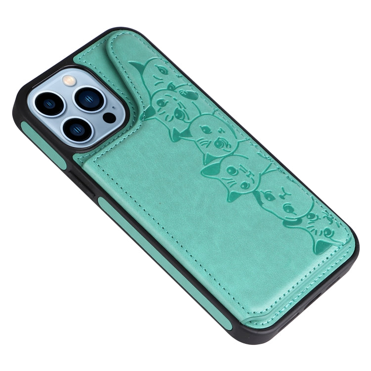 For iPhone 13 Pro Max Six Cats Embossing Pattern Shockproof Phone Case (Green) - iPhone 13 Pro Max Cases by buy2fix | Online Shopping UK | buy2fix