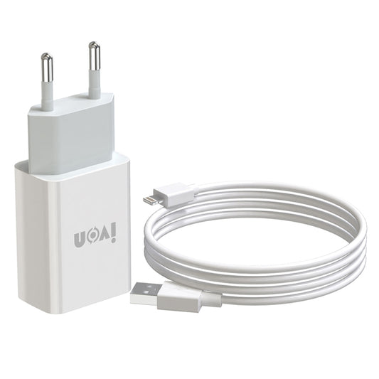 IVON AD-33 2 in 1 2.1A Single USB Port Travel Charger + 1m USB to 8 Pin Data Cable Set, EU Plug(White) - Apple Accessories by IVON | Online Shopping UK | buy2fix