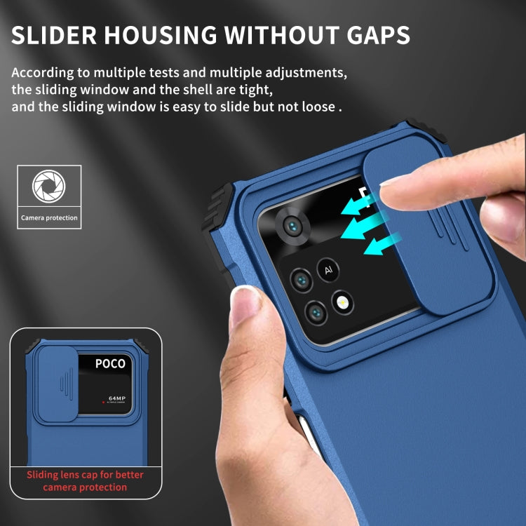 For Xiaomi Poco M4 Pro 4G Stereoscopic Holder Sliding Camshield Phone Case(Blue) - Xiaomi Cases by buy2fix | Online Shopping UK | buy2fix