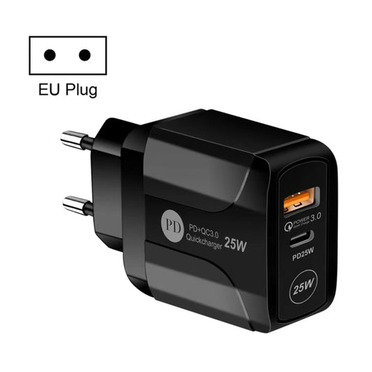25W PD Type-C + QC3.0 USB Ports Travel Charger, Plug Type:EU Plug(Black) - Mobile Accessories by buy2fix | Online Shopping UK | buy2fix