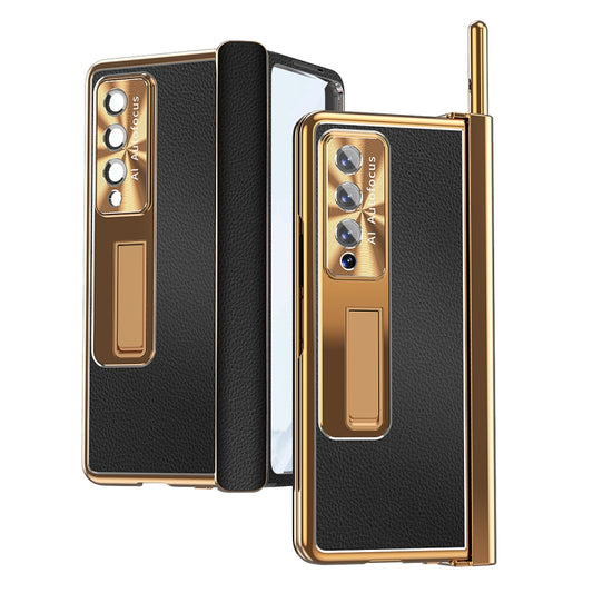 For Samsung Galaxy Z Fold4 Litchi Pattern Magnetic Shell Film Integrated Shockproof Phone Case(Black Gold) - Galaxy Z Fold4 5G Cases by buy2fix | Online Shopping UK | buy2fix