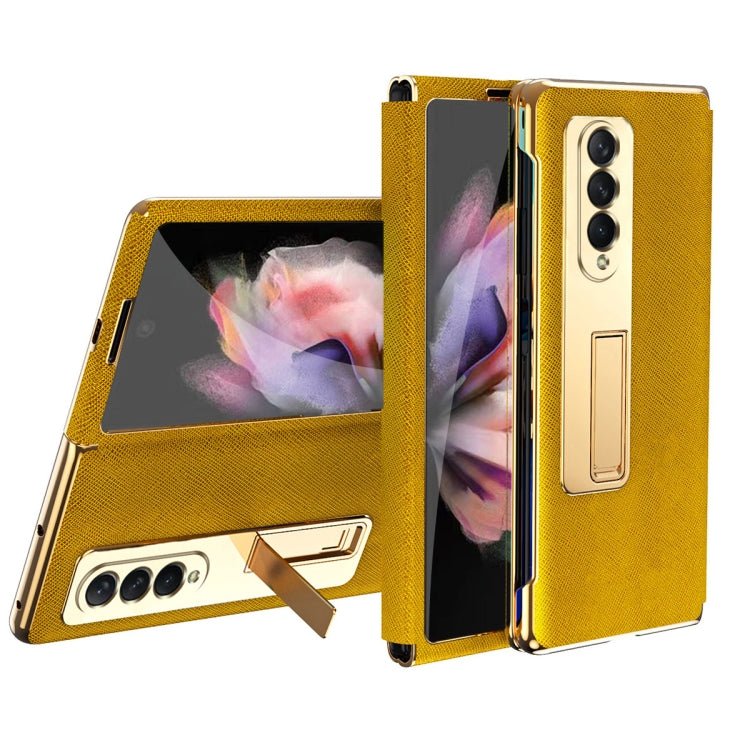 For Samsung Galaxy Z Fold3 5G Cross Texture Integrated Electroplating Hinge Flip Phone Case with Tempered Film(Gold) - Galaxy Phone Cases by buy2fix | Online Shopping UK | buy2fix