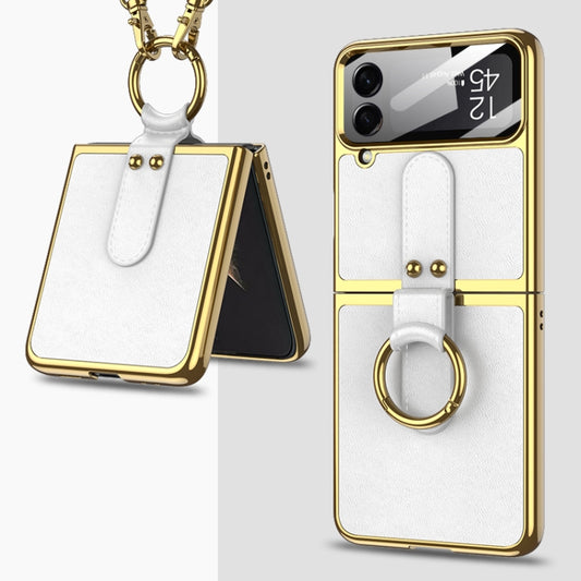 For Samsung Galaxy Z Flip4 GKK Plating + Leather Phone Case with Ring & Strap(White) - Galaxy Z Flip4 5G Cases by GKK | Online Shopping UK | buy2fix