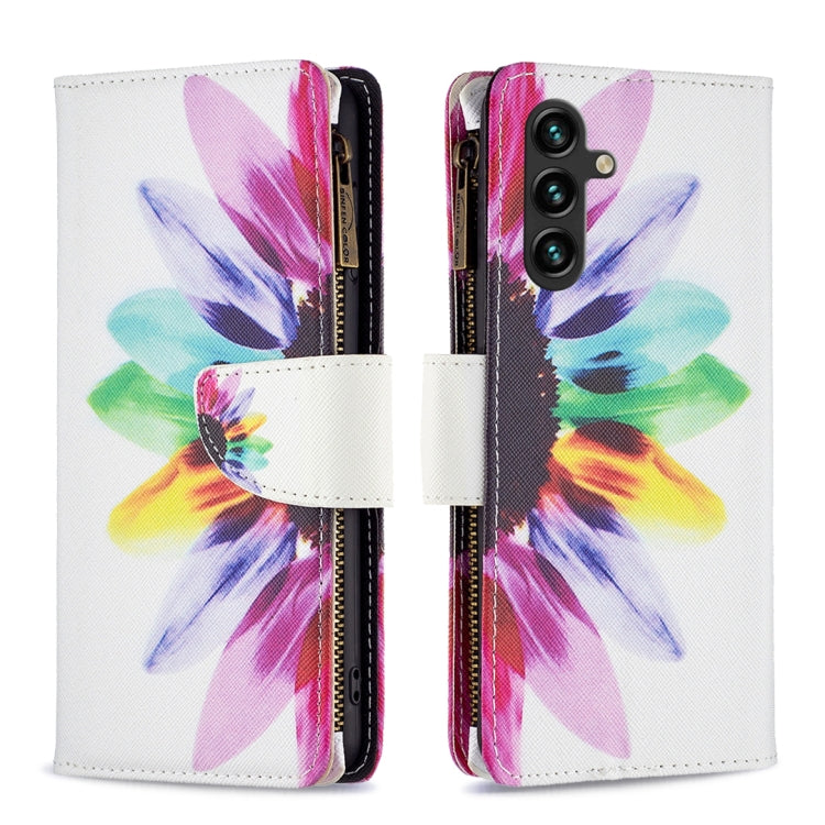 For Samsung Galaxy A14 5G Colored Drawing Pattern Zipper Leather Phone Case(Sun Flower) - Galaxy Phone Cases by buy2fix | Online Shopping UK | buy2fix