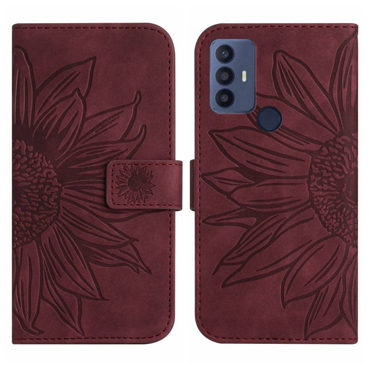 For TCL 30 SE/30E/306/305 Skin Feel Sun Flower Pattern Flip Leather Phone Case with Lanyard(Wine Red) - More Brand by buy2fix | Online Shopping UK | buy2fix