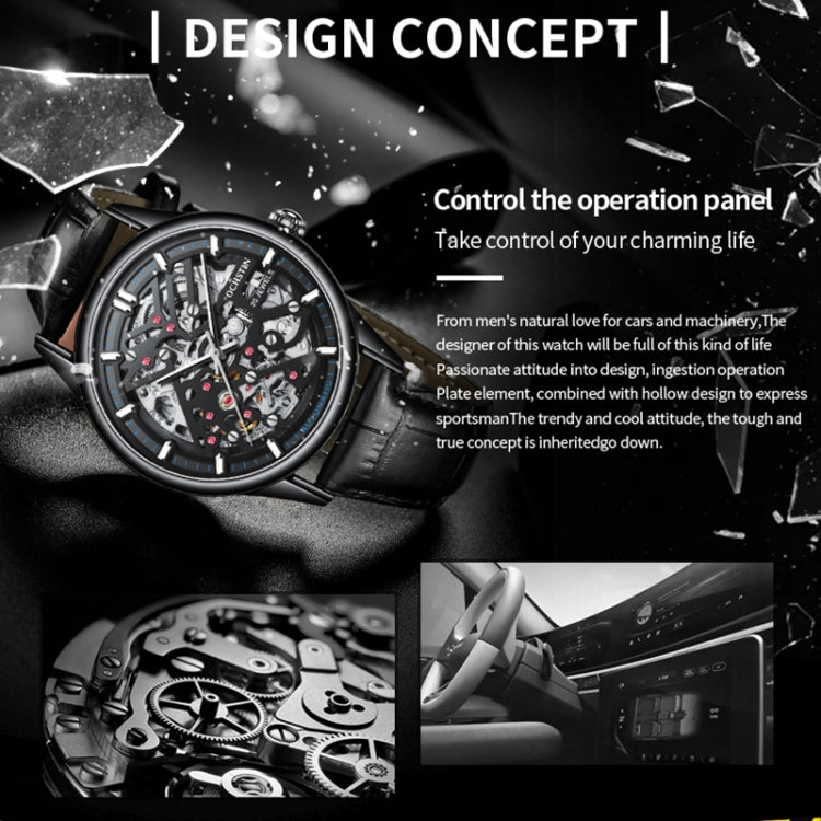 OCHSTIN 6020C Masterpiece Hollow Mechanical Men Watch(Black-Black) - Leather Strap Watches by OCHSTIN | Online Shopping UK | buy2fix