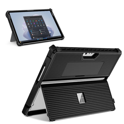 For Microsoft Surface Pro 8 Striped Hollow Tablet Case with Holder Cover and Shoulder Strap(Black) - Others by buy2fix | Online Shopping UK | buy2fix