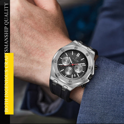 OCHSTIN 6100E Multifunctional Quartz Waterproof TPU Strap Men Watch(Silver+Black) - Silicone Strap Watches by OCHSTIN | Online Shopping UK | buy2fix