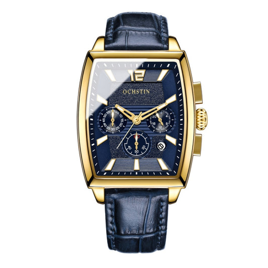 OCHSTIN 6133A Multifunctional Quartz Waterproof Luminous Men Leather Watch(Gold Blue) - Leather Strap Watches by OCHSTIN | Online Shopping UK | buy2fix