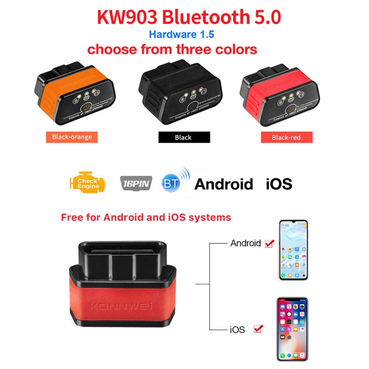 KONNWEI KW903 Bluetooth 5.0 OBD2 Car Fault Diagnostic Scan Tools Support IOS / Android(Black) - Code Readers & Scan Tools by KONNWEI | Online Shopping UK | buy2fix