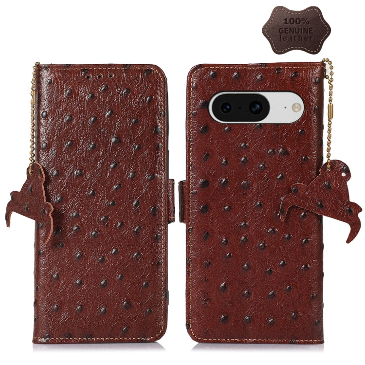 For Google Pixel 8 Ostrich Pattern Genuine Leather RFID Phone Case(Coffee) - Google Cases by buy2fix | Online Shopping UK | buy2fix