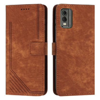 For Nokia C32 Skin Feel Stripe Pattern Leather Phone Case with Lanyard(Brown) - Nokia Cases by buy2fix | Online Shopping UK | buy2fix