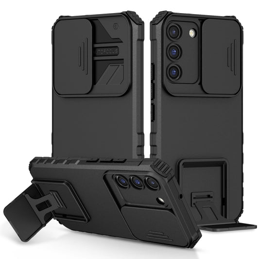 For Samsung Galaxy S22 5G Stereoscopic Holder Sliding Camshield Phone Case(Black) - Galaxy S22 5G Cases by buy2fix | Online Shopping UK | buy2fix