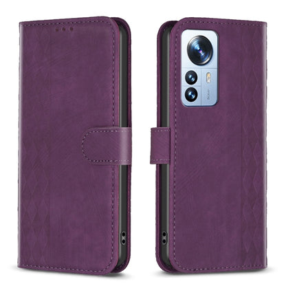 For Xiaomi 12 Pro Plaid Embossed Leather Phone Case(Purple) - 12 Pro Cases by buy2fix | Online Shopping UK | buy2fix