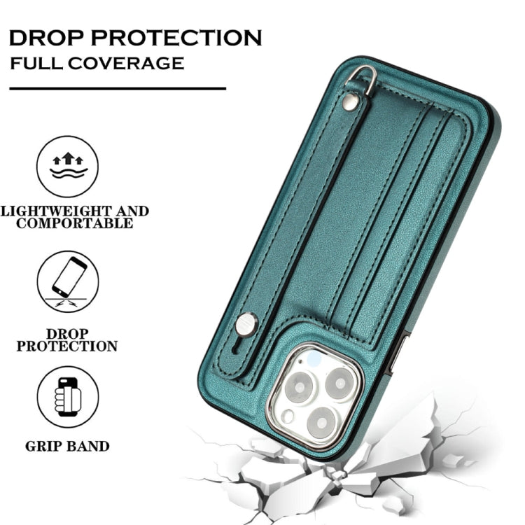 For iPhone 14 Pro Shockproof Leather Phone Case with Wrist Strap(Green) - iPhone 14 Pro Cases by buy2fix | Online Shopping UK | buy2fix