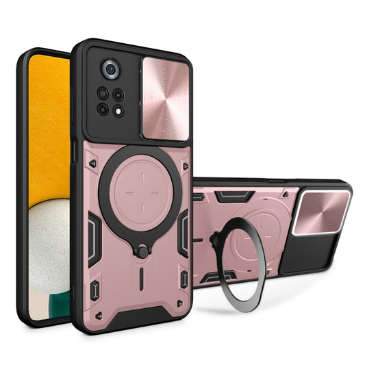 For Xiaomi Poco X4 Pro 5G CD Texture Sliding Camshield Magnetic Holder Phone Case(Pink) - Poco X4 Pro 5G Cases by buy2fix | Online Shopping UK | buy2fix