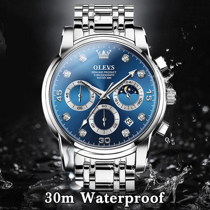 OLEVS 2889 Men Multifunctional Luminous Waterproof Quartz Watch(Blue) - Metal Strap Watches by OLEVS | Online Shopping UK | buy2fix