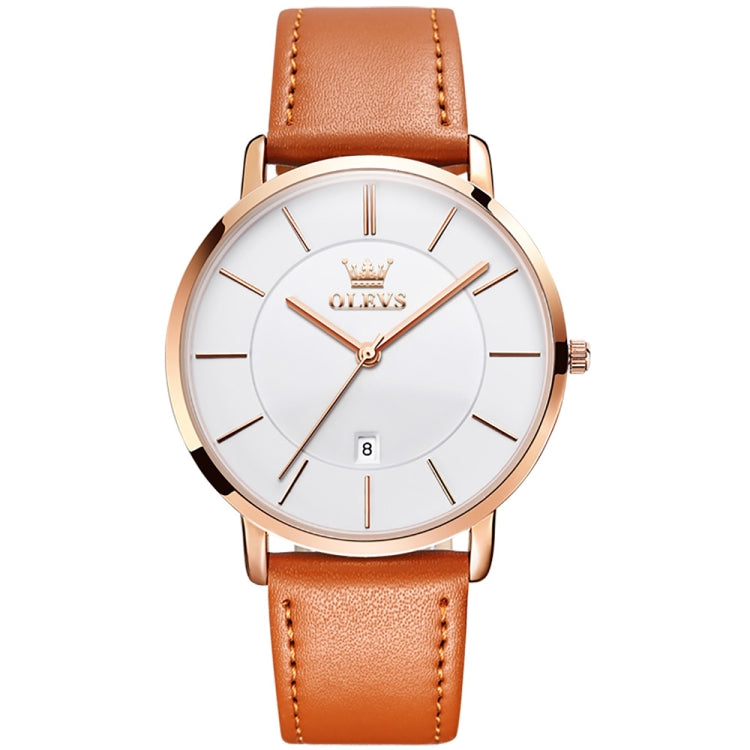 OLEVS 5869 Men Business Waterproof Genuine Leather Strap Quartz Watch(White + Brown) - Leather Strap Watches by OLEVS | Online Shopping UK | buy2fix