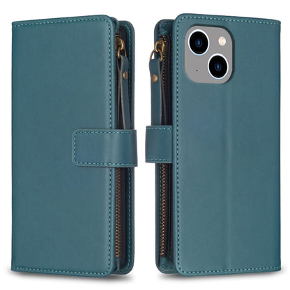 For iPhone 14 Plus 9 Card Slots Zipper Wallet Leather Flip Phone Case(Green) - iPhone 14 Plus Cases by buy2fix | Online Shopping UK | buy2fix