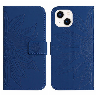 For iPhone 15 Skin Feel Sun Flower Embossed Flip Leather Phone Case with Lanyard(Dark Blue) - iPhone 15 Cases by buy2fix | Online Shopping UK | buy2fix